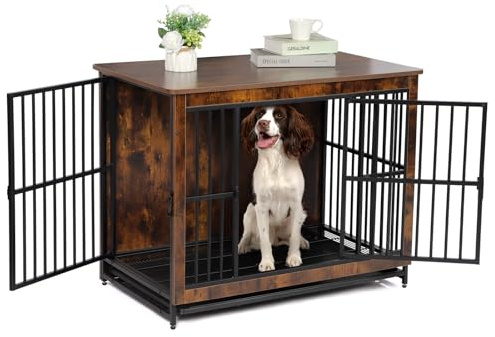 Hundekäfig Möbel, 98cm Hundebox für Zuhause mit 2 Türen, Schiebetüren, Moderne hundebox Holz Indoor für Hunde bis zu 60kg, Herausnehmbares Tablett, 98x59x77,5cm, Vintagebraun