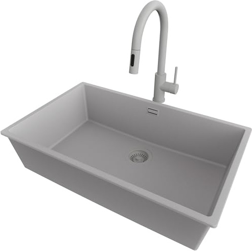 PRIMAGRAN Lavandino da Cucina al Mobile 80cm + Rubinetto, 76x47cm | Set: Rubinetto BW9010 + Kit di scarico + Lavello in Granito a 1 Vasca - London Slim, Tutto Grigio