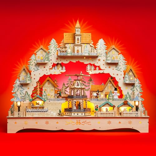 SIKORA LB14 beleuchteter LED XXL Holz Schwibbogen Weihnachtsdorf mit drehender XL Pyramide Lichterbogen inklusive Netzteil