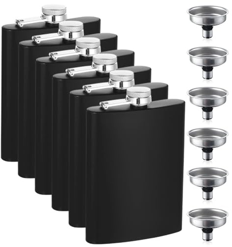 Wapasezyar Flachmänner, Edelstahl Flachmann mit Trichter, 8 oz/227 ml Flachmann Schwarz Geeignet Zum Tragen von Alkohol und Schnaps, Tragbares Flaschen Set für Männer und Frauen (6, Schwarz)