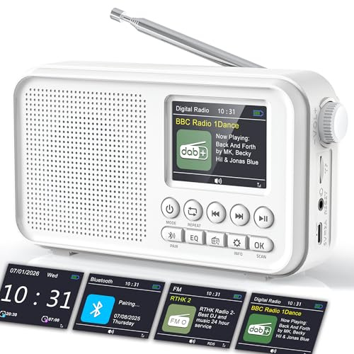 ROCAM DAB+/FM Radio, 3000mAH Rechargeable Battery & Mains Powered | 2.4 Digital DAB Radio with Bluetooth 5.0 & Hi-Fi Speaker, 40 Presets Stations, TF Card Support, Dual Alarms, EQ Modes