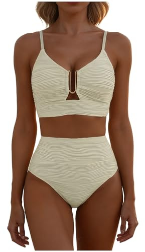 Znwerma Womens High Waisted Bikini Sets Two Piece Tummy Control Swimsuits Halter Neck Push Up Swimwear V Neck Padded Bikinis with Shorts Hollow Out Ruched Beach Bathing Suits