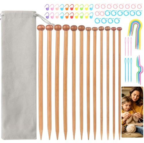 12 Stück Bambus Stricknadeln Set für Anfänger und Profis, 5-10 mm Nadelspiel Einspitzige, 25 Cm Lang Gerade Stricknadeln Holz Mit Griff für Pullover, Handschuhe, Decken, Socken Decke, Wolle