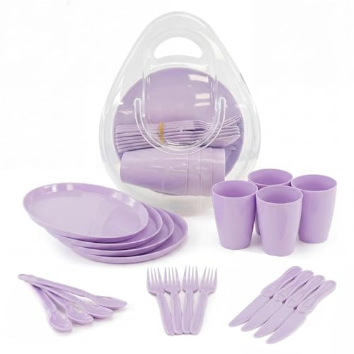 GEEZY 21 Piece Picnic Set - Reusable Purple Camping Dinner Set for 4 with Plates, Cups, Cutlery & Storage Box - Dishwasher Safe & Portable Outdoor BBQ, Party & Kids Tableware