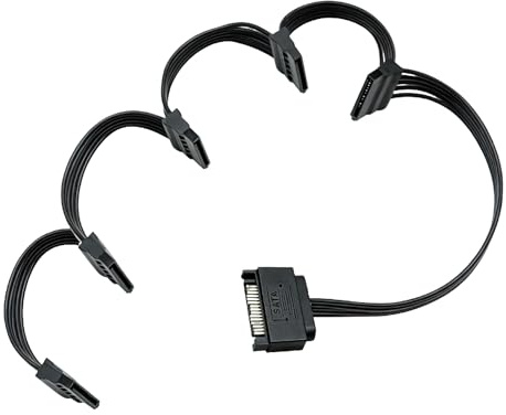 Hilacini Câble d'Alimentation SATA 1 Mâle vers 5 Femelles, Adaptateur Répartiteur SATA 15 broches, Câble d'Alimentation pour SSD, HDD, Lecteurs Optiques, 18 AWG, Noir, Gestion des Câbles Flexible