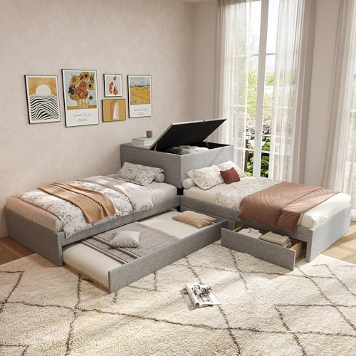 LZPUOUI Letto Singolo 90x200cm divano ad angolo in lino con Struttura Letto con armadio due cassetti moduli Sommier a doghe piattaforma multiuso per camera da letto di appartamenti Grigio