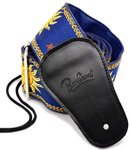 BestSounds Gitarrengurt Echtes Lederende & Sun Jacquard Weave Style Strap Für Bass, Elektro und Akustikgitarren (Blau)