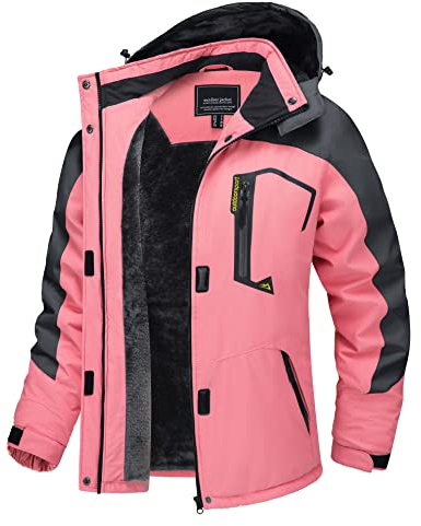 TACVASEN Damen Funktionsjacke Wandern Winterjacke Winddicht Wasserdicht Regenjacke Warm Fleece Snowboardjacke Wetterjacke, Rosa-grau, XXL