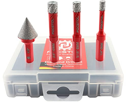 FOCSTOL Juego de Brocas Diamante - 4 piezas 6/8/10mm Fresa Diamante con Triangular Mango+20mm Brocas Chaflán Biselado con Hexagonal Mango para Porcelanico Cerámica Mármol Granito