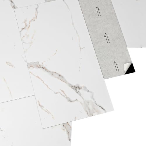 Mulgreat - PVC Bodenbelag - Selbstklebende Vinyl-Fliesen - Vinylboden - Betoneffekt - Marmor weiß - 60,96 cm x 30,48 cm x 1,5 mm - Dicke 1,5 mm - 2.23m² / 12 Fliesen