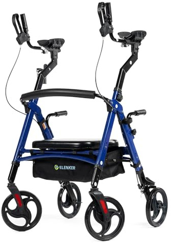 ELENKER Heavy Duty Upright Walker with Extra Wide Padded Seat and Backrest, Aluminum Bariatric Stand Up Rolling Walker, 10” Wheels, Fully Adjustment Frame, Support up to 500 lbs for Seniors, Blue