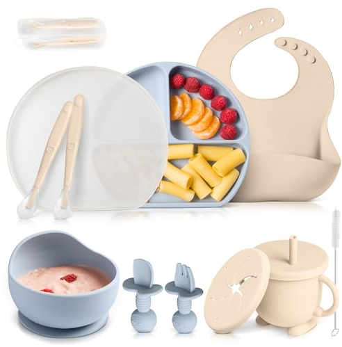Shely Kids Coffret repas bebe avec Assiette ventouse pour bébé assiette 3 compartiments cuillere bebe 1er age x2-bol bebe bavoir silicone Gobelet pour bebe couvert enfant x2