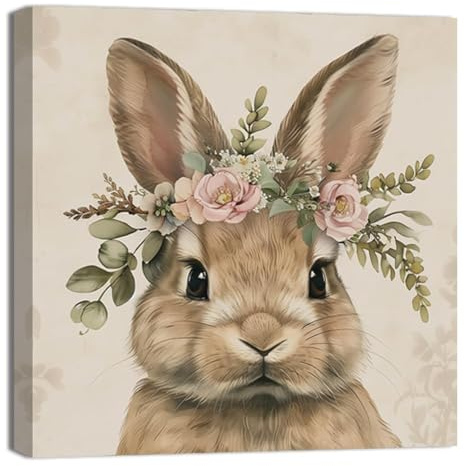 ZQQART Hase Leinwandbild Wandbild Niedliches Tier Trägt Eine Blumenkrone Bilddrucke Retro Osterhase Gemälde Kinderzimmer Babyzimmer Wanddekoration Rahmen(30x30cm)