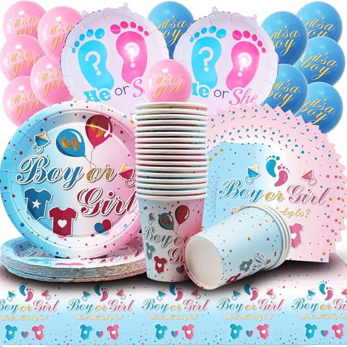 Baby Shower Set di 76 stoviglie blu e rosa, set di stoviglie per feste per bambini, set di stoviglie per baby shower, palloncini, tovaglie, piatti, tazze, tovaglioli per baby shower