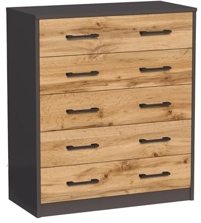 Home Collective Kommode mit 5 Schubladen mit Matter Oberfläche, 74cm breit Holz Schrank Kommode mit Schubladen Sideboard Highboard Anrichte Schlafzimmer Wohnzimmer Flur Büro Organizer Graphit Eiche