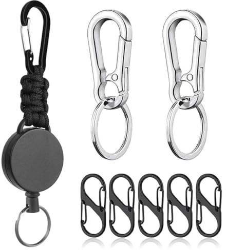 WeddHuis 1 Set estirable llavero, correa de llavero estirable, llavero estirable con mosquetón, 2 piezas llaveros metálicos, 5 piezas mini mosquetones (60cm)
