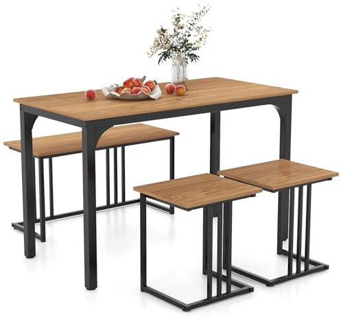 COSTWAY Esstisch mit Bank & 2 Hockern, 4er Set Küchentisch, industrielle Essgruppe für Küche, Esszimmer, Restaurant, Bartisch mit Stühlen, Sitzgruppe Vintage (120 x 60 x 75 cm,Natur)