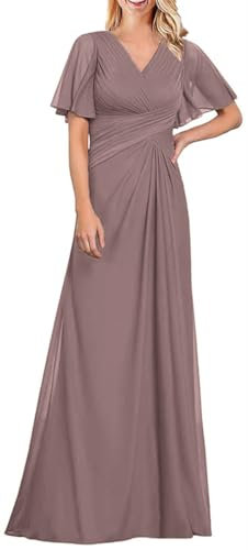 WSEYU Robes de mère de la mariée à col en V avec manches en mousseline de soie robes de demoiselle d'honneur pour mariage longues robes formelles, Rose poudré, 36