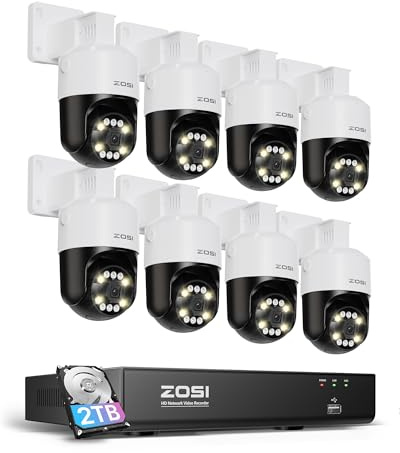 ZOSI Kit de caméra de surveillance PoE 5 MP, 8 CH 4K NVR avec disque dur 2 To, 8 caméras IP Pan/Tilt PoE 5 MP, détection de personnes/véhicule, suivi automatique C296