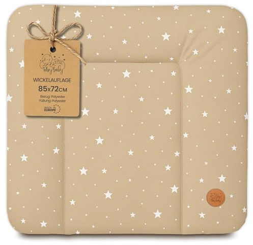 Wickelauflage Wickelunterlage abwaschbar und wasserdicht 85x72 cm - Wickelmatte zum Auflegen auf Wickeltisch Wickelaufsatz Wickelkommode oder Waschmaschine changing mat 85 x 72 Beige mit Weiß Sternen