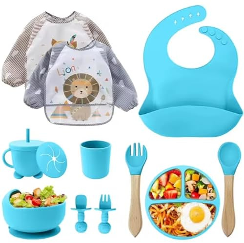 Matsätt för bebisar, silikon 12 delar – BPA-fri barntallrik med sugkopp, dryckesmugg med sugrör, silikonhaklapp, skål, träsked, babybestick – diskmaskins- och mikrovågsugnssäker (blå)