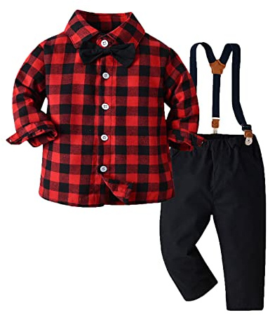 Genérico Conjunto Elegante de Pantalones con Tirantes y Camisa a Cuadros para Niño Pequeño Ropa Infantil Ocasiones y Navideñas (Red, 6-12 Months)