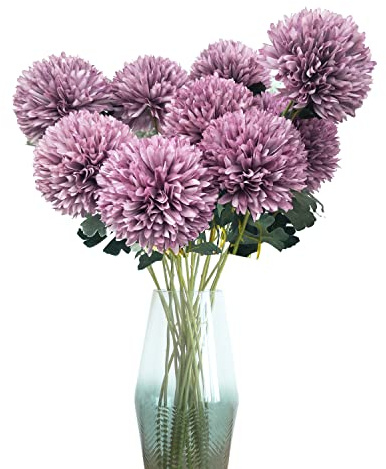 cn-Knight Artificial Flower 8pcs 22'' Long Stem Silk Pompon Flower Pom-Poms Hydrange Dahlia Daisy Dandelion for Wedding Bridal Bouquet Bridesmaid Home Décor Baby Shower Centerpiece(Deep Purple)