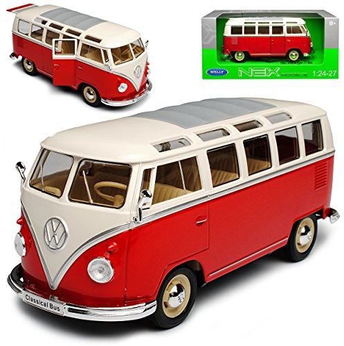 Welly Volkwagen T1 Rot Weiss mit Dachfenster Samba Bully Bus 1950-1967 1/24 Modell Auto mit individiuellem Wunschkennzeichen