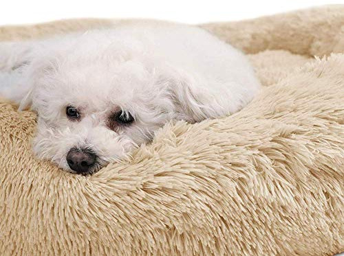 CENY Warmes, beruhigendes Hundebett, rundes Welpennest, Kuschelkissen aus Kunstfell, waschbar, für Katzen und Hunde, Größe S, 60 cm, Beige