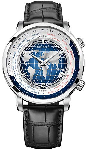 AGELOCER Herrenuhr mit Mondphase, automatisch, mechanisch, Weltzeit, maskulin, Kalenderuhr, Blau