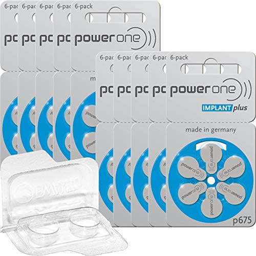 60 batterie per apparecchi acustici Power One Implant Plus (10 blister da 6 pezzi) PR44 blu + scatola per 2 batterie per apparecchi acustici.