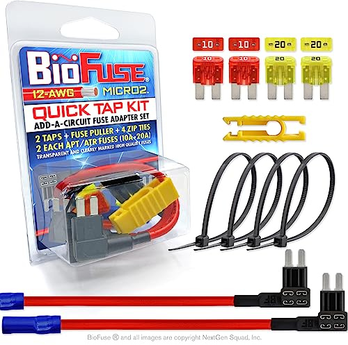 BioFuse 12 V Micro2 APT ATR Quick Tap Kit: 2 Add-A-Circuit Fuse Tap Adapter, je 2 (10 A 20 A) Micro 2 Flachsicherungen, 4 Kabelbinder + Sicherungszieher