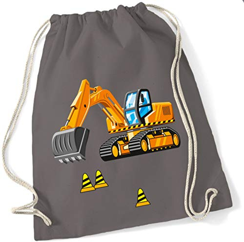 Turnbeutel für Jungen | Motiv Bagger & Baustelle | Stoffbeutel aus Baumwolle zum Zuziehen für Kinder | Zuziehrucksack mit Kordel