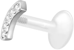 PIERCINGLINE PTFE Labret mit Gewinde TITAN AUFSATZ KRISTALLBOGEN Piercing Lippe Nase Ohr Helix Silberfarben 1,2 x 5 mm