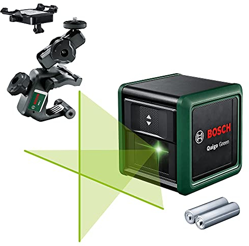 Bosch cross line laser Quigo Green with universal clamp MM 2 (green laser for better visibility, housing made of recycled plastic)