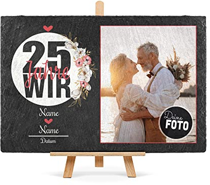 Schiefertafel selbst gestalten- Fotocollage - 25 Jahre - Personalisiertes Geschenk zur Silberhochzeit mit Foto, Namen und Datum - inkl. Holzstaffelei, 20 x 30 cm