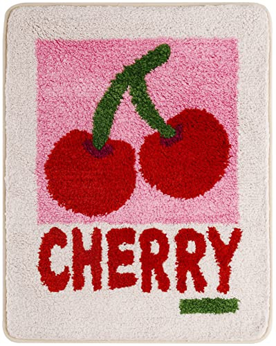 Fosiyaa Badematte mit Kirschmotiv, niedlich, lustig, fruchtrosa, rutschfest, saugfähig, Badteppich für Mädchen, Frauen, Dusche, Schlafzimmer, Dekoration, maschinenwaschbar, 50 x 66 cm