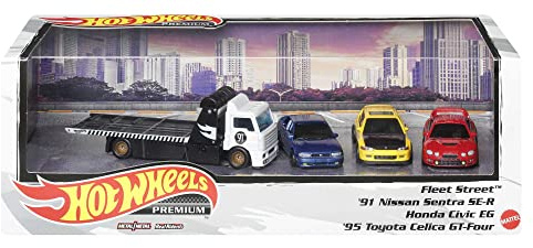 Hot Wheels Premium Collect Display Sets with 3 1:64 Scale Die-Cast Cars & 1 Team Transport Vehicle, Collectors’ Favorites, 2 Sets in the Assortment for Collectors of All Ages