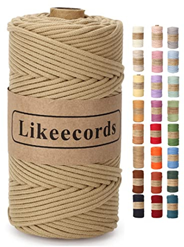 Likeecords makramégarn, flätat 3 mm x 100 m, 100 % naturligt bomullssnöre, makramérep, färgglada pysselrep av bomull för väskor, vägghängningar, växthängare (kaki)