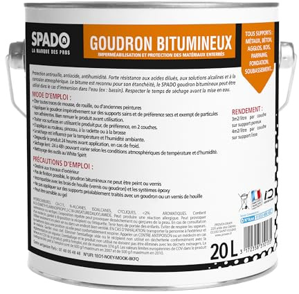 SPADO - Goudron Bitumineux - Protection des Surfaces Extérieures Enterrées & Bois - Imperméabilisant - Formule Anti-Rouille, Anti-Acide, Anti-Humidité - Fabrication Française - 20 Litres