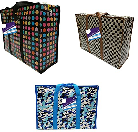 1ABOVE Lot de 3 sacs de courses de luxe pour linge, shopping, rangement, rangement réutilisable, tissu, déménagement, imperméables, poignées et sacs à fermeture éclair (XL (60 x 45 x 20 cm)