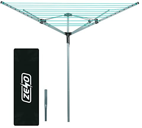 ZENO Outdoor Rotary Washing Line 45m | Easy Assembly 4 Arm Rotary Washing Line | Heavy Duty, Weather Proof, Powder Coated Finish Outdoor Clothes Dryer with Cover & Ground Spike | Silver