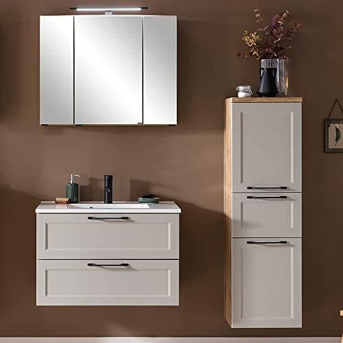 Lomadox Badmöbelset Badezimmer, mit 80 cm Waschtisch Spiegelschrank Midischrank in Kaschmir mit Wotan Eiche, B/H/T ca. 140/200/47 cm