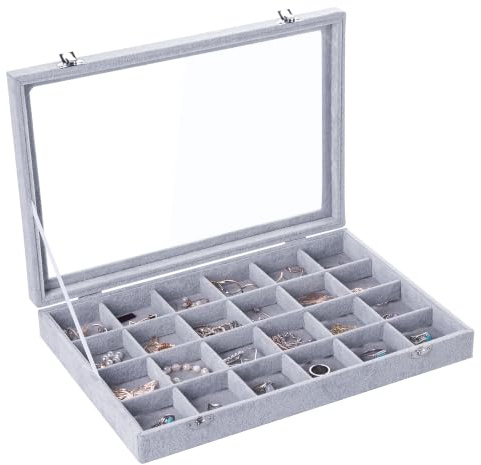 Frebeauty Große Schmuck Organizer Schale mit 24 Fächern und Glasdeckel | Schubladen Schmuckorganizer Für Ringe, Ohrstecker Und Perlen, Verstellbare Trennwände, Staubgeschützt, Ohrringaufbewahrung