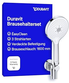 Duravit Universal Brausehalterset, wassersparende Handbrause rund ((Ø 120 mm), Wandanschlussbogen, flexibler Brauseschlauch, Chrom