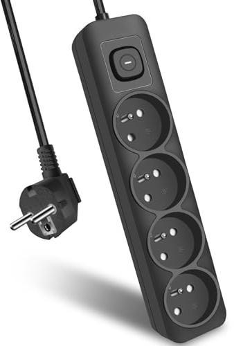 EXTRASTAR Multiprise Noire 4 Prises, Prise Multiple avec Interrupteur, Rallonge Electrique 1,5m 3G1,0 mm², 16A/250V 3680W, Multiprise avec Sécurité Enfant