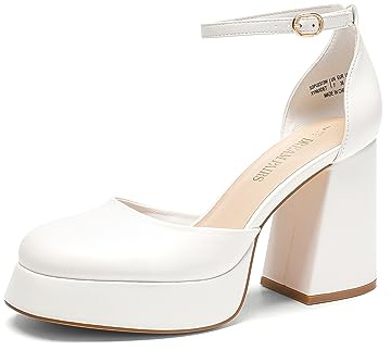 DREAM PAIRS Scarpe da Donna con Tacco a Blocco, Plateau, Tacco Alto, Cinturino alla Caviglia, Eleganti, da Sposa e Festa,Size 40,Bianco-Pu,SDPU2372W
