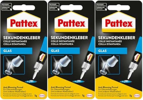 Pattex Sekundenkleber Glas, klebt auf Glasoberflächen und mit anderen Materialien*, Transparent, Spülmaschinenfest, 3x 3g