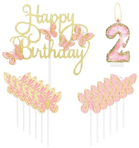 Schmetterling Kerzen Kuchen Cupcake Topper Rosa Gold - 2. Geburtstag Kuchen Dekorationen mit Rosa Schmetterling und Nummer 2 Kerze