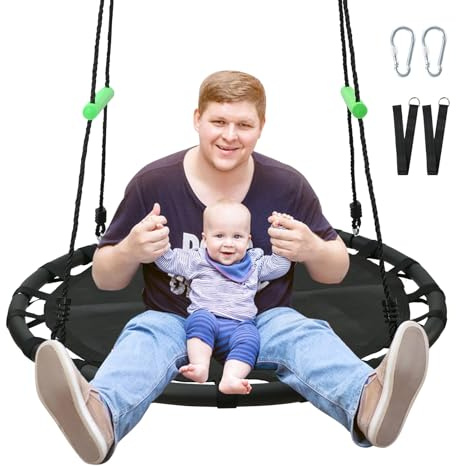 YSEJOMP Black Round Saucer Swing with Handles -Made of Sturdy Frame,PP Mat,Adjustable Multi-Strand Ropes,Safe and Durable for Yard Garden Playground Park (Black+Extra Straps, 40 inches)